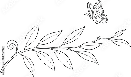 Delicate butterfly flutters near a gracefully curving branch with leaves and a decorative swirl.