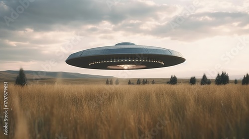 Wallpaper Mural A silver UFO hovers over a golden field Torontodigital.ca