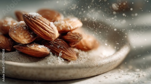 Artistic arrangement of almonds sprinkled with salt in a close up shot