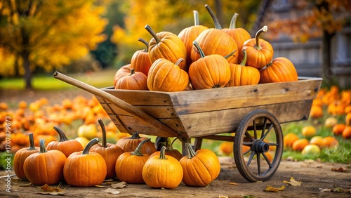 Wooden cart full of pumpkins in autumn field