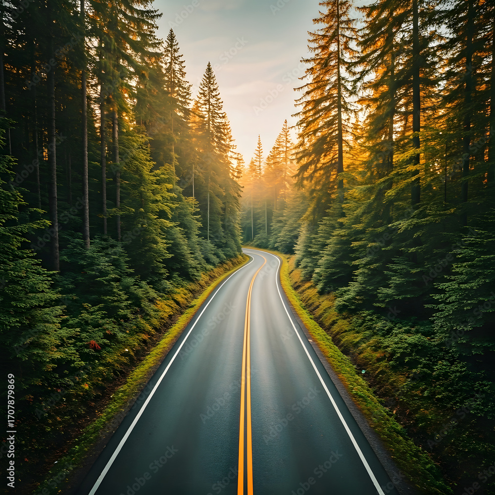 Obraz premium Road Through a Majestic Forest at Sunrise Adventure and Tranquility