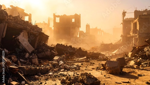 Destroyed City Ruins in Hazy Sunset Glow.