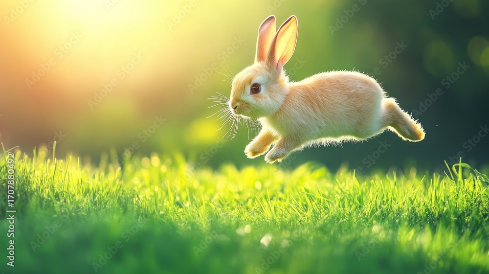 Fototapeta premium Small light brown rabbit leaps in vibrant green grass field, bathed in sunlight