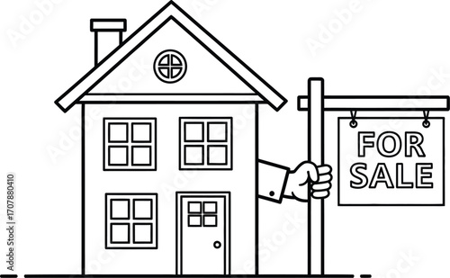 Hand holds 'For Sale' sign in front of house, symbolizing real estate transaction