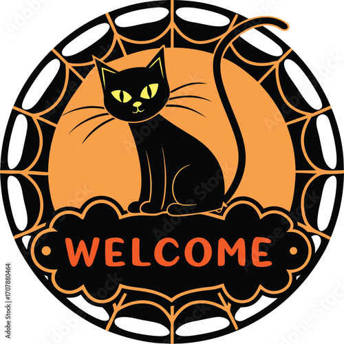 Vector art of black cat with yellow eyes sitting on a welcome sign with a spider web background, halloween theme
