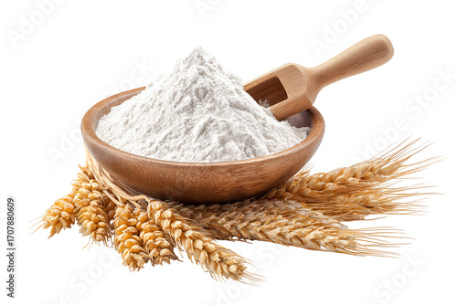White flour in wooden bowl with wheat stalks