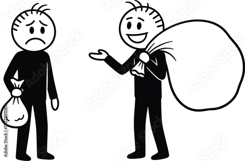 One person with a large bag offers a small bag to another person with a sad expression.