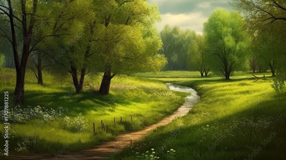 Fototapeta premium A sunlit spring meadow path