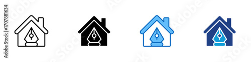 Home Designing Multiple Style Icon Design Vector - House with a fountain pen inside, symbolizing home designing, writing, blogging, real estate content, or creative workspace