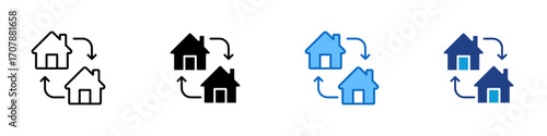 Home Exchange Multiple Style Icon Design Vector - Two houses with arrows, representing property exchange, trade, or relocation