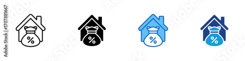 Home Loan Multiple Style Icon Design Vector - House with a money bag and percentage sign, symbolizing mortgage, property loan, or housing finance