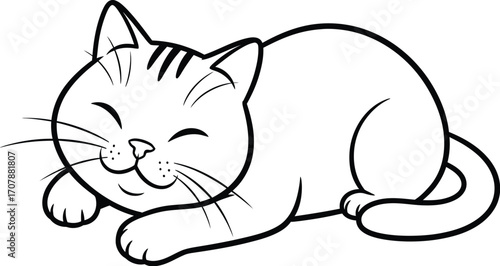 Adorable cartoon cat with eyes closed and a peaceful smile, resting comfortably.