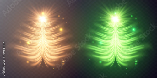 Glowing gold and green christmas tree effect.On transparent background.