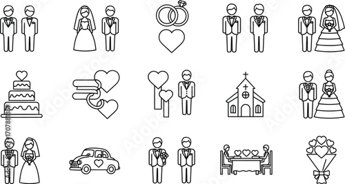 Diverse wedding icons celebrating love and commitment with stylized figures and symbols