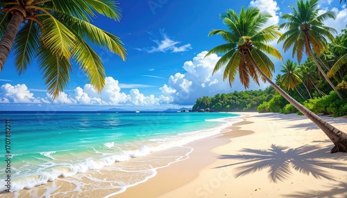 Fototapeta Naklejka Na Ścianę i Meble -  Tropical Beach Scene With Turquoise Water White Sand and Palm Trees Under Blue Sky With White Clouds on Sunny Day