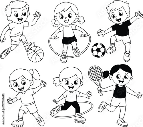 Kids playing sports and activities – basketball, soccer, hula hoop, skating, tennis – black and white vector