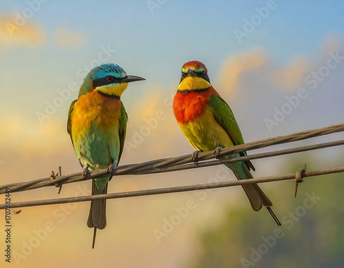 Two colorful birds perched on a wire at sunrise