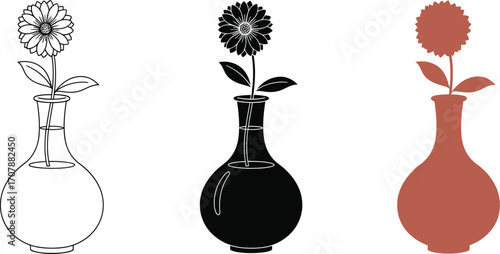 Simple illustrations of a single flower in a vase, presented in outline, silhouette, and color.