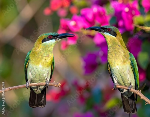 Two colorful birds perched on a branch amidst vibrant flowers