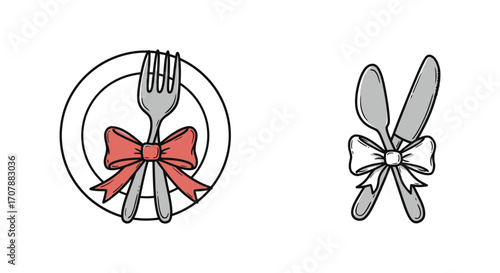 elegant dining setup with silverware tied by decorative bows