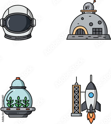 Vector art of space exploration and colonization icons for future on a transparent background