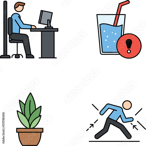 Vector art of office work and healthy lifestyle icons for web design on a transparent background