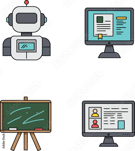 Vector art of robot, computer, blackboard, and online meeting icon on a transparent background