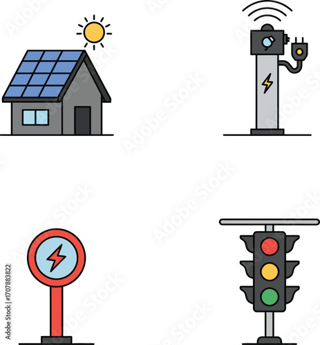 Illustration of renewable energy sources and traffic signals on a transparent background