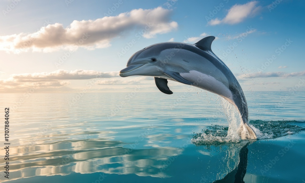 Fototapeta premium A playful dolphin leaps from the ocean at sunrise