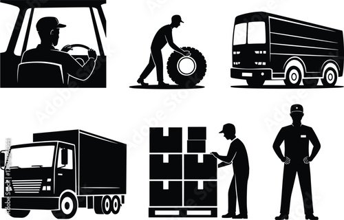 Logistics and Transportation Worker Icons Set – Delivery Trucks, Drivers, Warehouse Staff, Loading, and Shipping Vector Illustrations for Supply Chain and Cargo Design