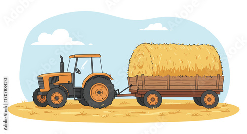 farm tractor pulling hay cart under blue sky