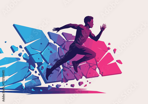 Dynamic runner breaking through a colorful barrier with speed and power.