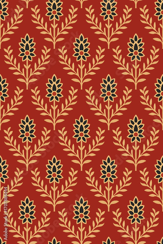Mughal buta lattice with almond leaves and teal centers on warm sindoor red
