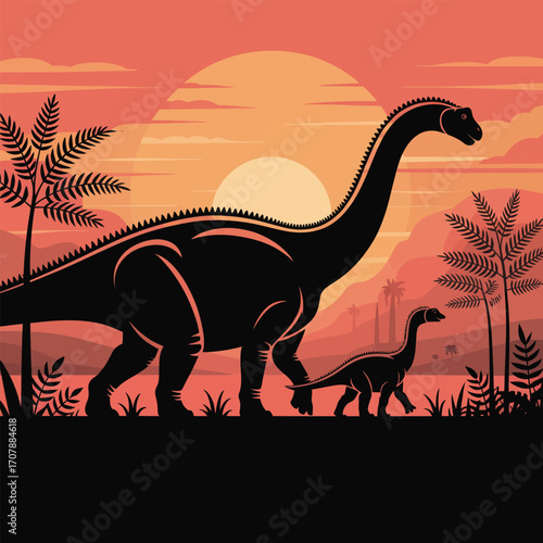 Brontosaurus Silhouette Illustration Art Design Featuring Black Dinosaurs at Sunset in a Prehistoric Landscape