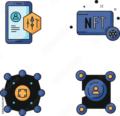 Vector art of blockchain and nft technology icons, depicting digital assets on a transparent background