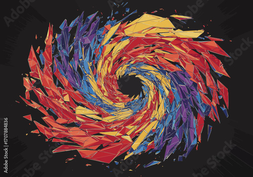 Vibrant Abstract Swirl of Fragmented Colors on Black.