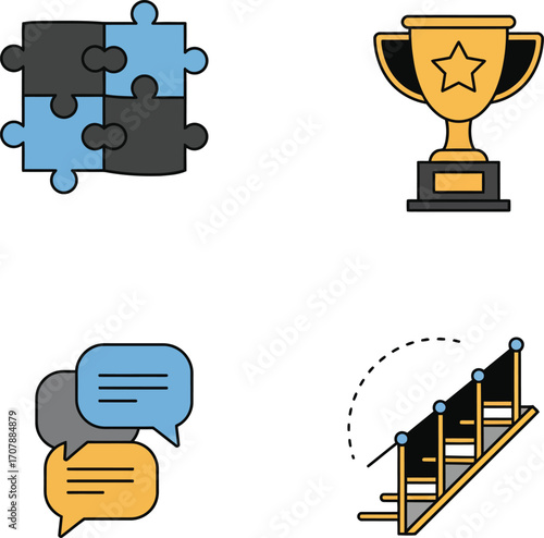Vector art of collection of business icons, representing teamwork and success on a transparent background
