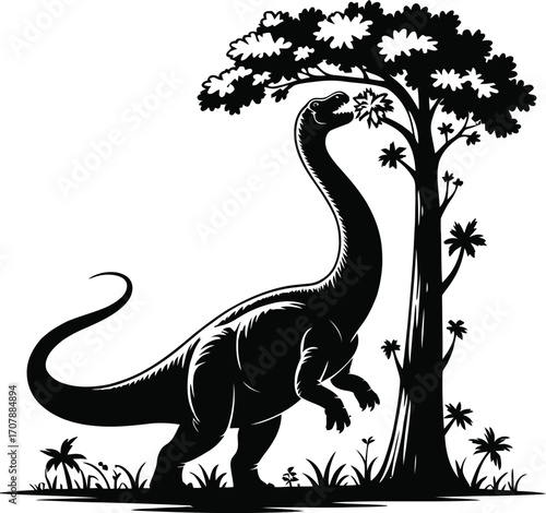 Brontosaurus Silhouette Illustration Black Design Art Eating Leaves from Tree on Transparent Background for Projects