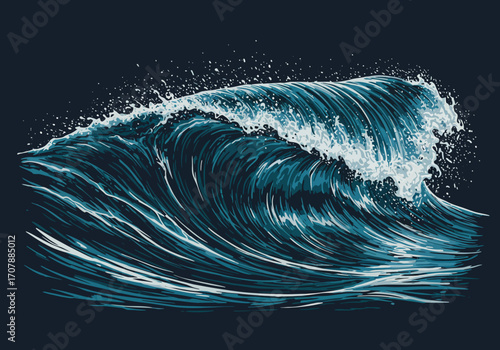 Powerful ocean wave breaking with white foam and spray against a dark background showcasing the raw force of nature.
