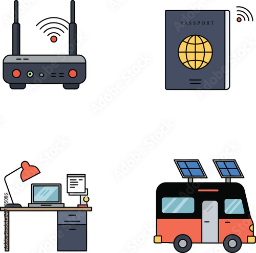 Vector art of icons of digital nomad lifestyle, including travel and work on a transparent background