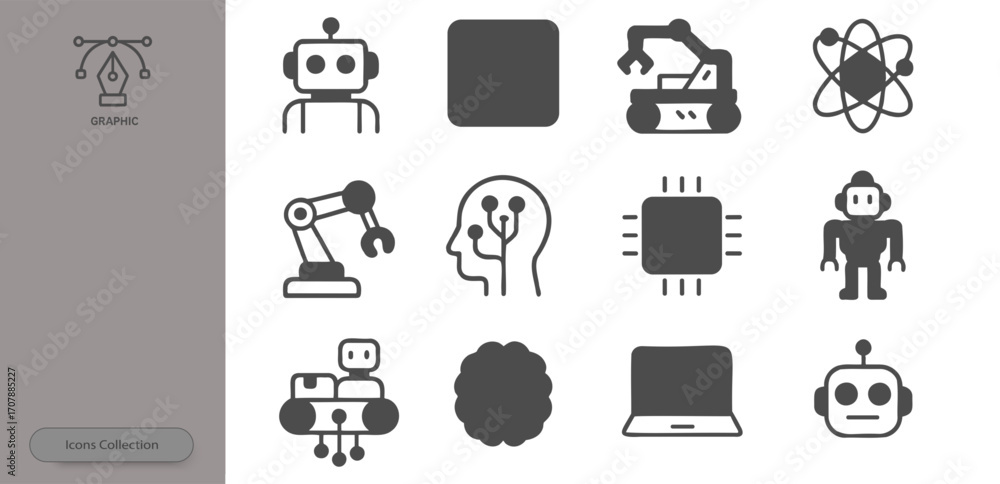 A grid layout showcases icons representing technology, robotics, and science. The designs include robots, machinery, circuitry, and a computer, all in a sleek, modern style