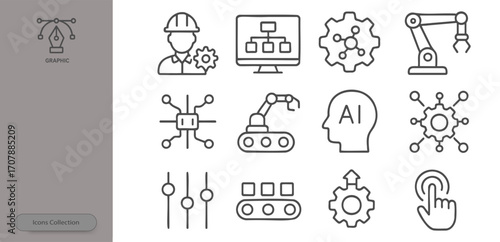 A collection of simple line icons that show concepts related to technology, automation, AI, and industrial processes, suitable for digital or printed materials