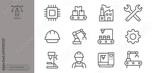 A variety of icons depict different aspects of industrial manufacturing. The icons include machinery, tools, and factory elements, showcasing the industry's key components and activities