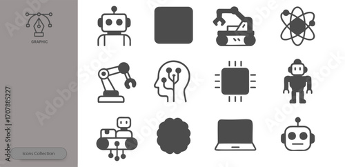 A grid layout showcases icons representing technology, robotics, and science. The designs include robots, machinery, circuitry, and a computer, all in a sleek, modern style