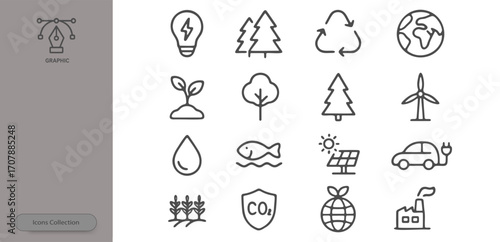 This graphic features a collection of eco-friendly icons showcasing themes like renewable energy, recycling, and nature conservation, ideal for environmental projects and presentations