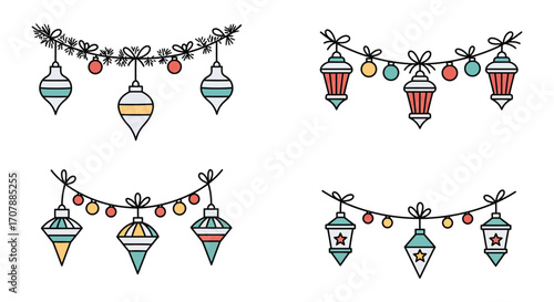 colorful lanterns hanging from strings with festive lights