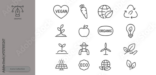 A collection of simple line icons featuring symbols of veganism, organic produce, sustainability, and eco-friendly practices. Ideal for graphic design and educational use