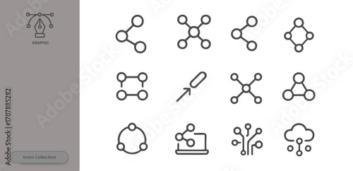 Multiple plain icons showcasing various network and connection designs, ideal for tech-related projects. These minimalist graphics emphasize clarity and usability across platforms
