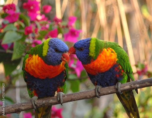 Two colorful parrots on a branch, flowers in background
