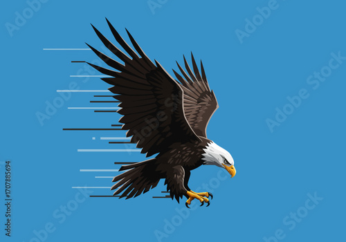 Majestic Bald Eagle in Dynamic Flight Against Blue Sky.